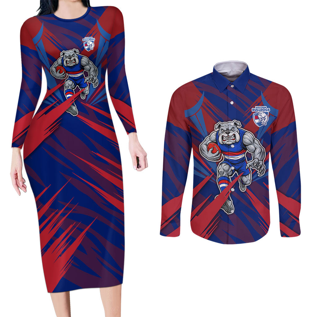 Western Bulldogs Australian Football Couples Matching Long Sleeve Bodycon Dress and Long Sleeve Button Shirt Aggressive Bulldog Mascot - Bold Team Colors