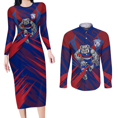 Western Bulldogs Australian Football Couples Matching Long Sleeve Bodycon Dress and Long Sleeve Button Shirt Aggressive Bulldog Mascot - Bold Team Colors