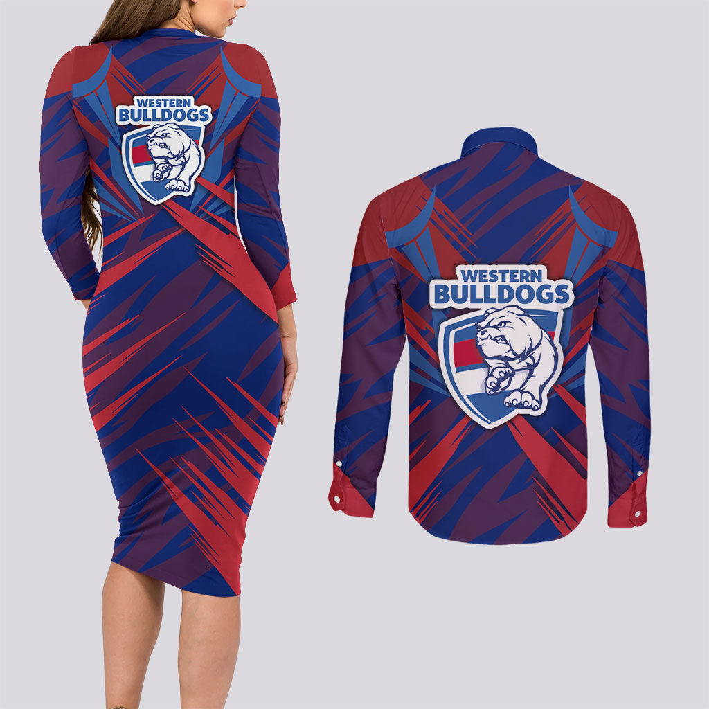 Western Bulldogs Australian Football Couples Matching Long Sleeve Bodycon Dress and Long Sleeve Button Shirt Aggressive Bulldog Mascot - Bold Team Colors