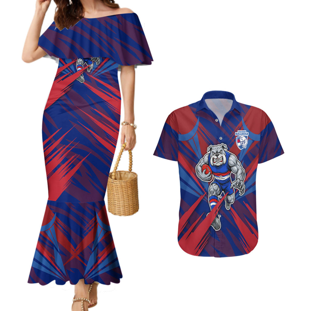 Western Bulldogs Australian Football Couples Matching Mermaid Dress and Hawaiian Shirt Aggressive Bulldog Mascot - Bold Team Colors