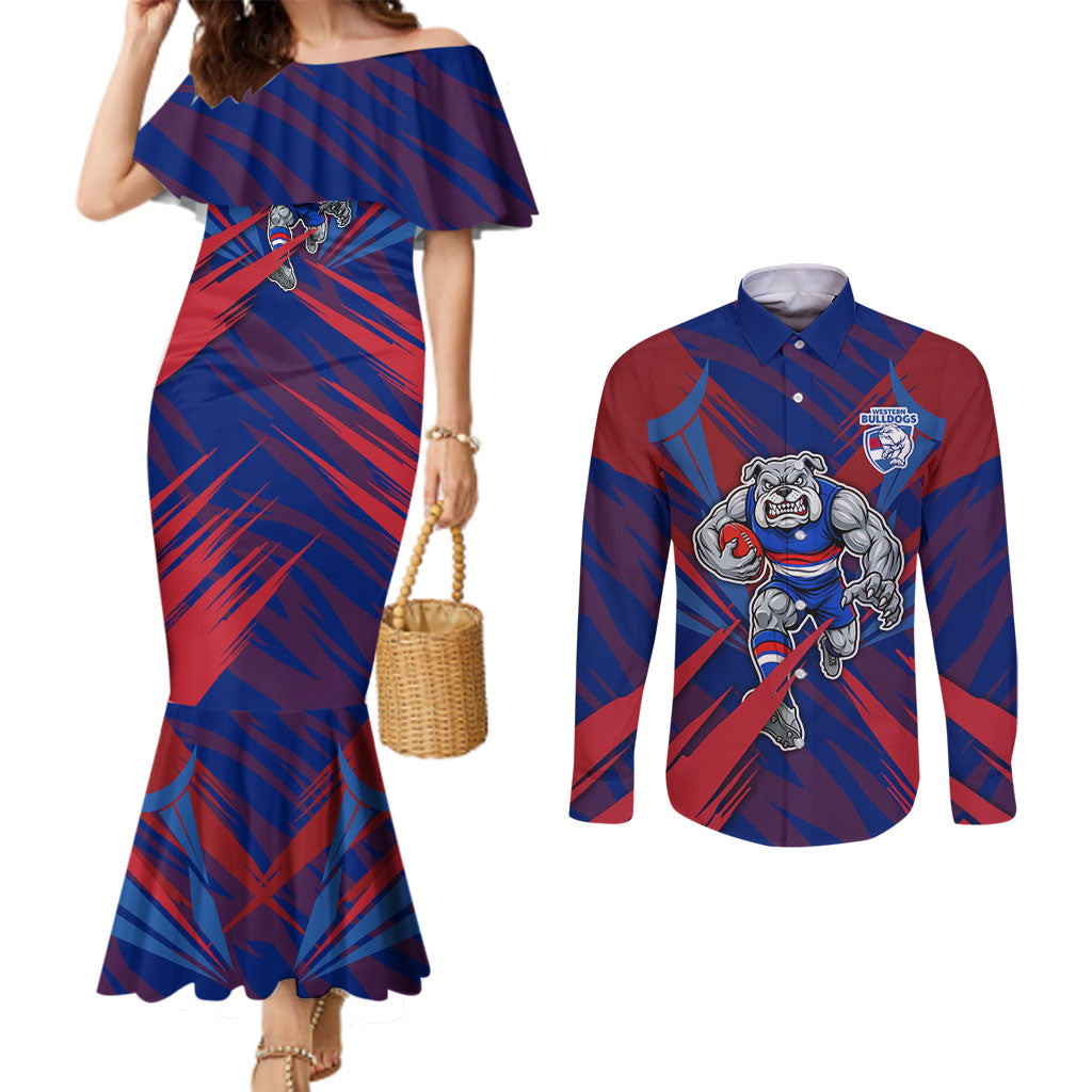 Western Bulldogs Australian Football Couples Matching Mermaid Dress and Long Sleeve Button Shirt Aggressive Bulldog Mascot - Bold Team Colors
