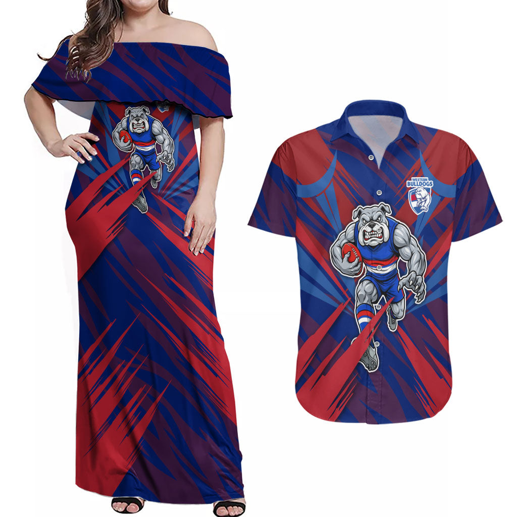 Western Bulldogs Australian Football Couples Matching Off Shoulder Maxi Dress and Hawaiian Shirt Aggressive Bulldog Mascot - Bold Team Colors