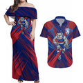 Western Bulldogs Australian Football Couples Matching Off Shoulder Maxi Dress and Hawaiian Shirt Aggressive Bulldog Mascot - Bold Team Colors