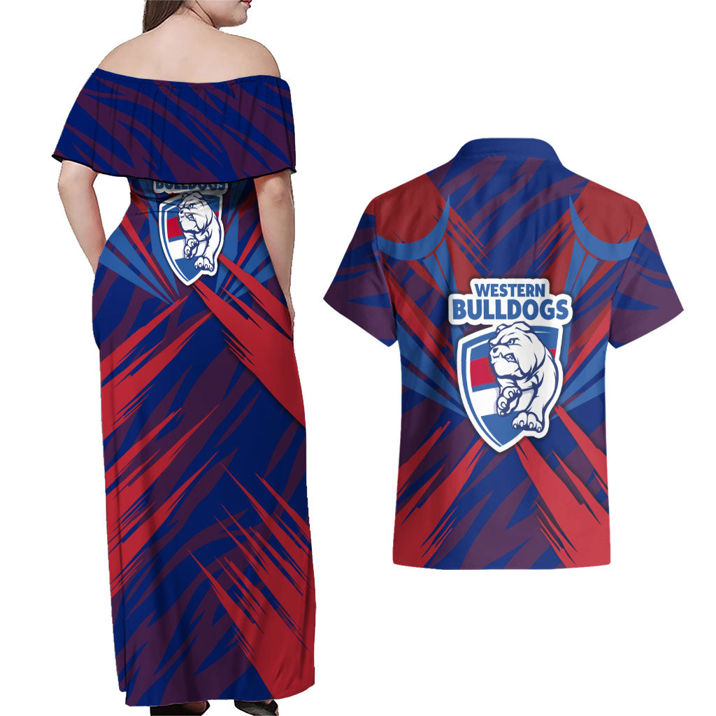 Western Bulldogs Australian Football Couples Matching Off Shoulder Maxi Dress and Hawaiian Shirt Aggressive Bulldog Mascot - Bold Team Colors