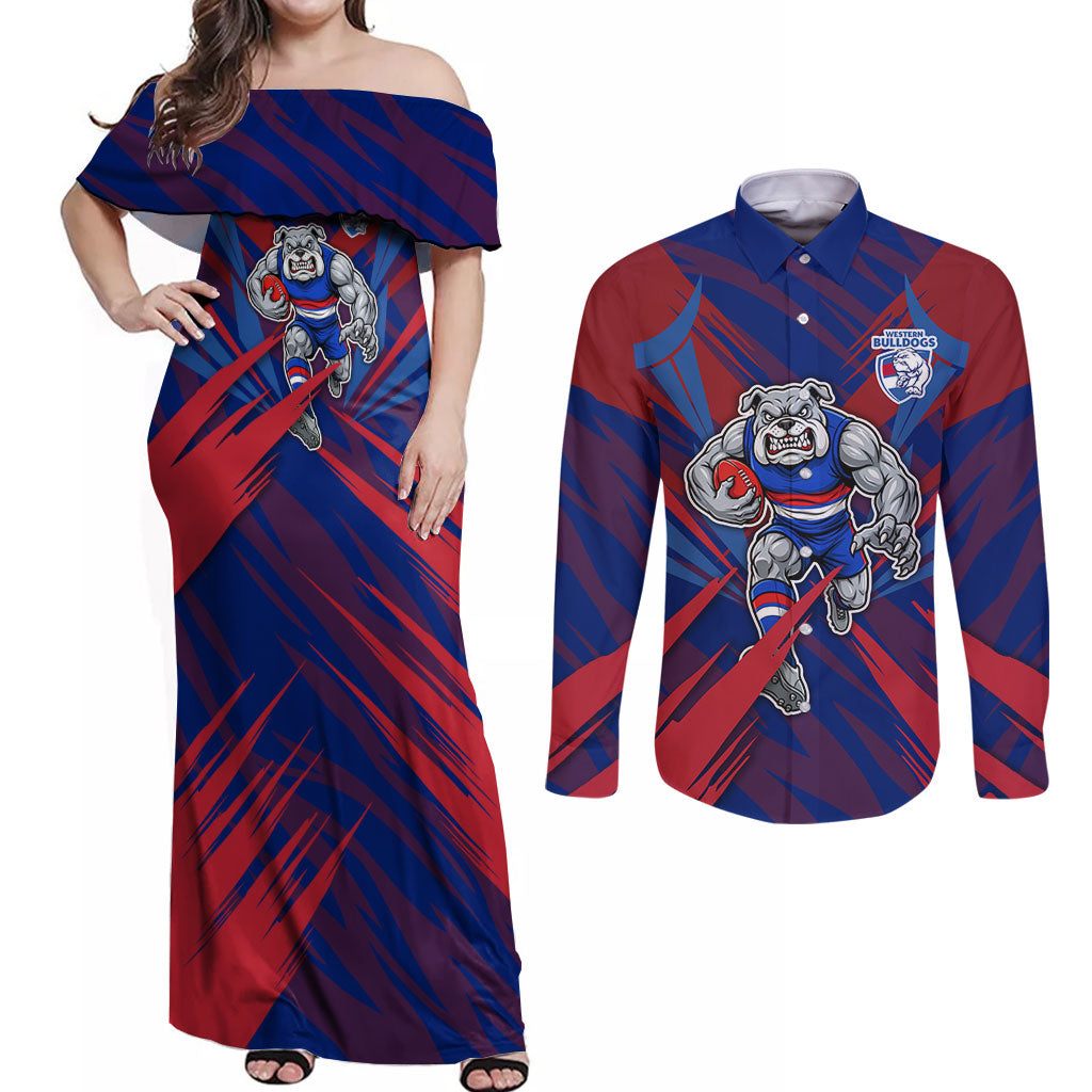 Western Bulldogs Australian Football Couples Matching Off Shoulder Maxi Dress and Long Sleeve Button Shirt Aggressive Bulldog Mascot - Bold Team Colors