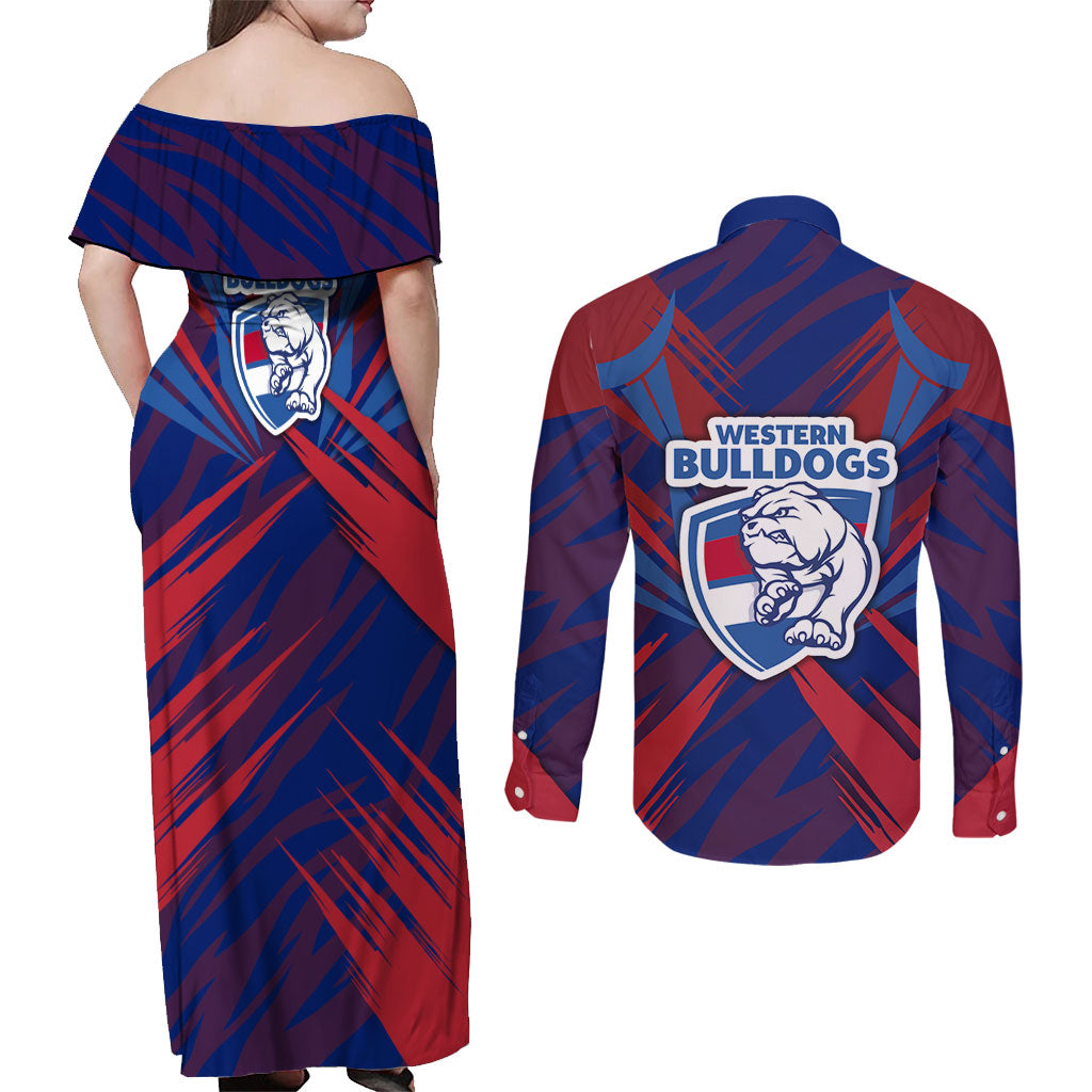 Western Bulldogs Australian Football Couples Matching Off Shoulder Maxi Dress and Long Sleeve Button Shirt Aggressive Bulldog Mascot - Bold Team Colors