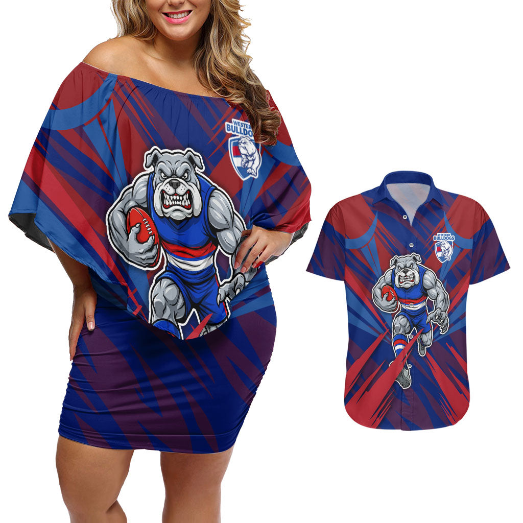 Western Bulldogs Australian Football Couples Matching Off Shoulder Short Dress and Hawaiian Shirt Aggressive Bulldog Mascot - Bold Team Colors