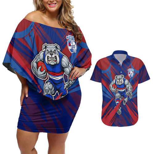 Western Bulldogs Australian Football Couples Matching Off Shoulder Short Dress and Hawaiian Shirt Aggressive Bulldog Mascot - Bold Team Colors