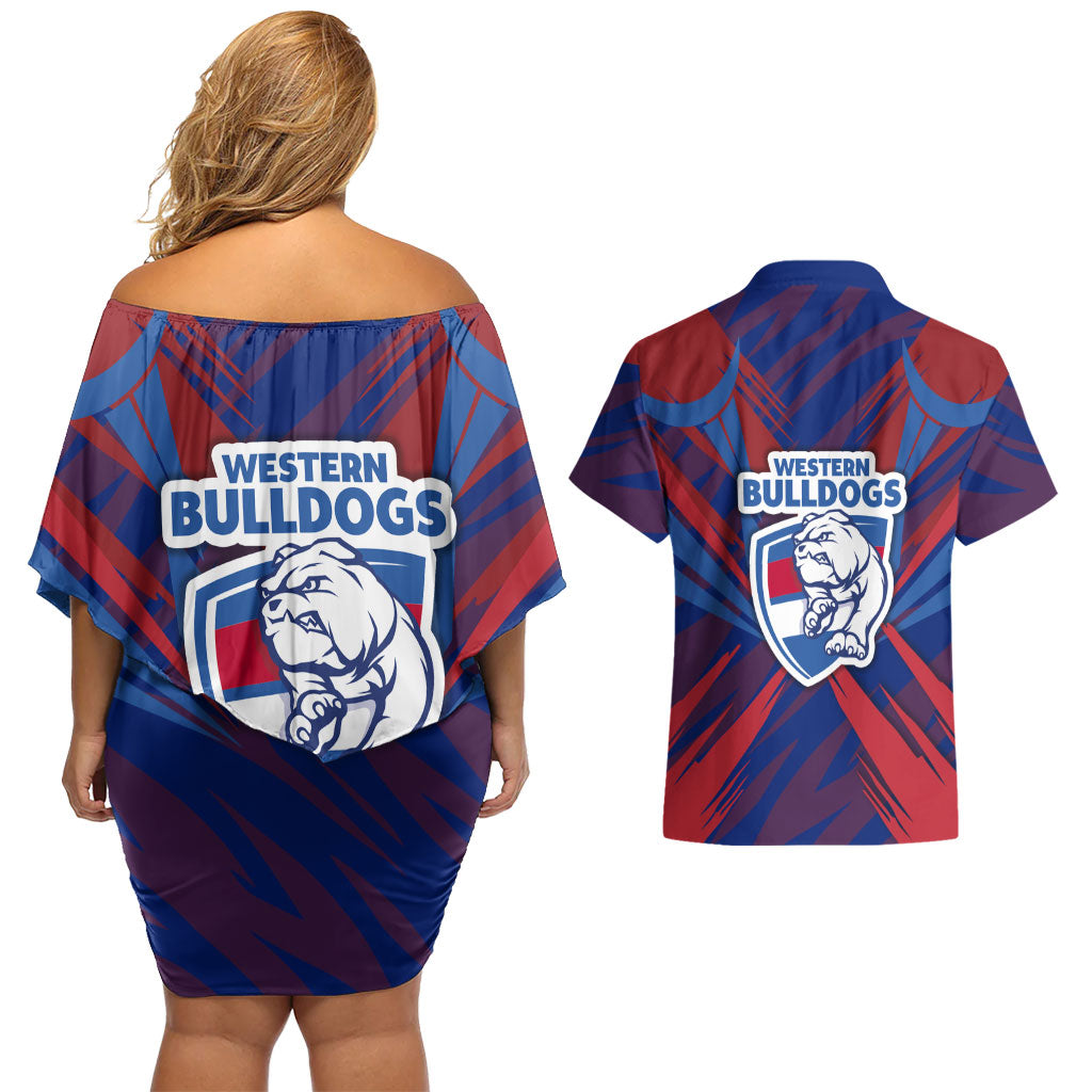 Western Bulldogs Australian Football Couples Matching Off Shoulder Short Dress and Hawaiian Shirt Aggressive Bulldog Mascot - Bold Team Colors