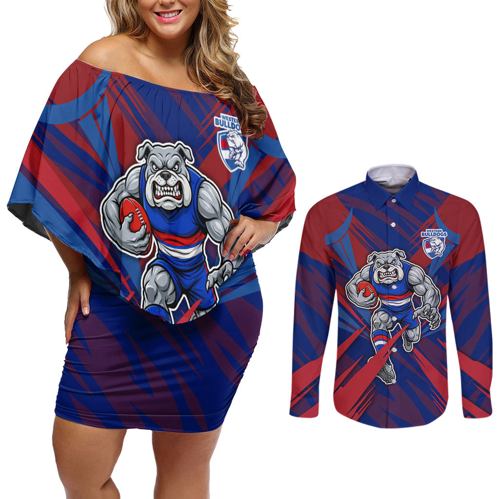 Western Bulldogs Australian Football Couples Matching Off Shoulder Short Dress and Long Sleeve Button Shirt Aggressive Bulldog Mascot - Bold Team Colors