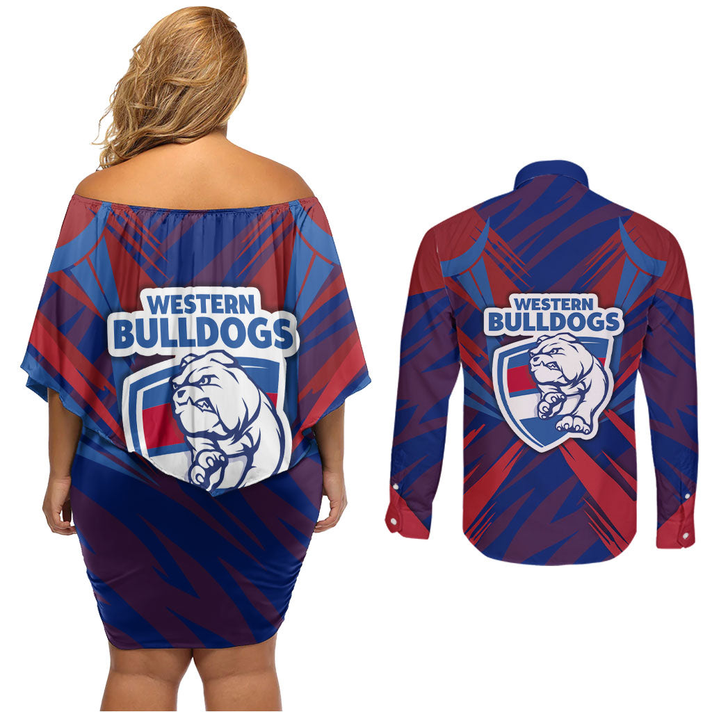 Western Bulldogs Australian Football Couples Matching Off Shoulder Short Dress and Long Sleeve Button Shirt Aggressive Bulldog Mascot - Bold Team Colors