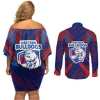 Western Bulldogs Australian Football Couples Matching Off Shoulder Short Dress and Long Sleeve Button Shirt Aggressive Bulldog Mascot - Bold Team Colors