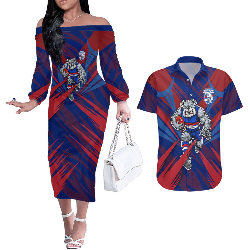 Western Bulldogs Australian Football Couples Matching Off The Shoulder Long Sleeve Dress and Hawaiian Shirt Aggressive Bulldog Mascot - Bold Team Colors