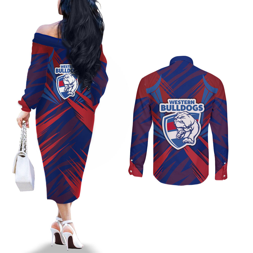 Western Bulldogs Australian Football Couples Matching Off The Shoulder Long Sleeve Dress and Long Sleeve Button Shirt Aggressive Bulldog Mascot - Bold Team Colors