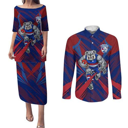 Western Bulldogs Australian Football Couples Matching Puletasi and Long Sleeve Button Shirt Aggressive Bulldog Mascot - Bold Team Colors