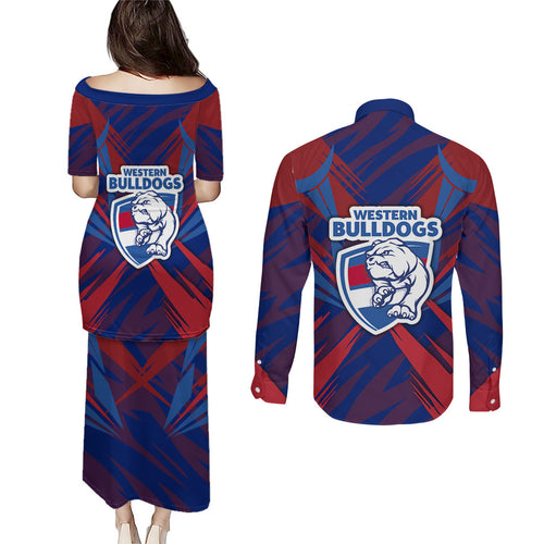 Western Bulldogs Australian Football Couples Matching Puletasi and Long Sleeve Button Shirt Aggressive Bulldog Mascot - Bold Team Colors