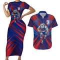 Western Bulldogs Australian Football Couples Matching Short Sleeve Bodycon Dress and Hawaiian Shirt Aggressive Bulldog Mascot - Bold Team Colors