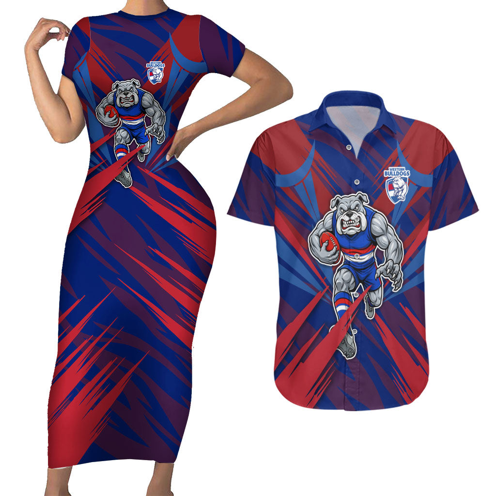 Western Bulldogs Australian Football Couples Matching Short Sleeve Bodycon Dress and Hawaiian Shirt Aggressive Bulldog Mascot - Bold Team Colors
