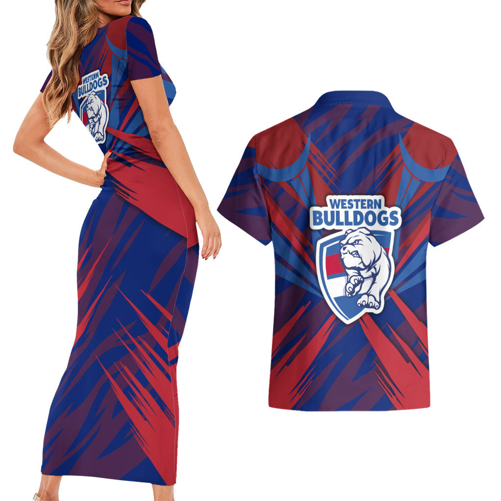 Western Bulldogs Australian Football Couples Matching Short Sleeve Bodycon Dress and Hawaiian Shirt Aggressive Bulldog Mascot - Bold Team Colors
