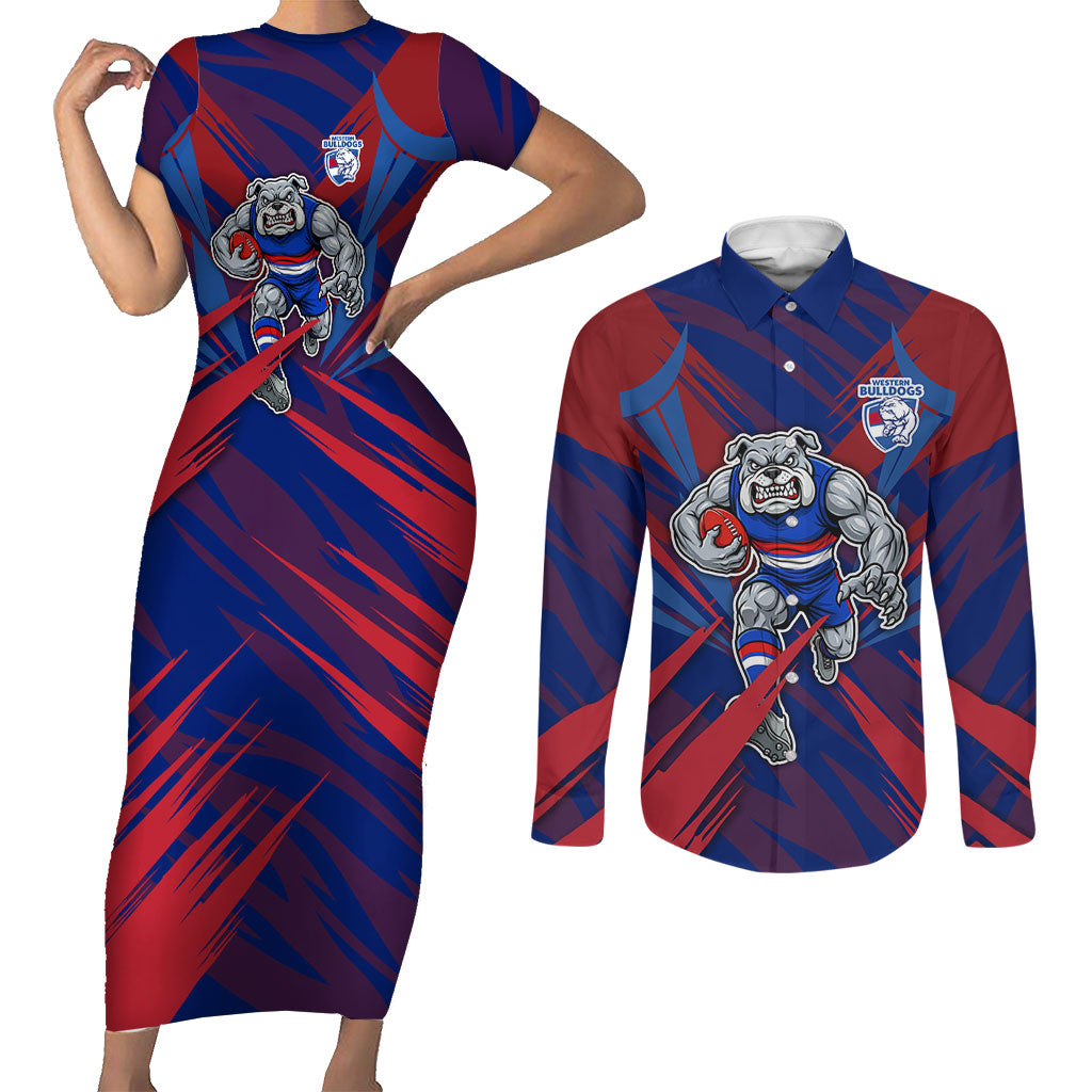 Western Bulldogs Australian Football Couples Matching Short Sleeve Bodycon Dress and Long Sleeve Button Shirt Aggressive Bulldog Mascot - Bold Team Colors