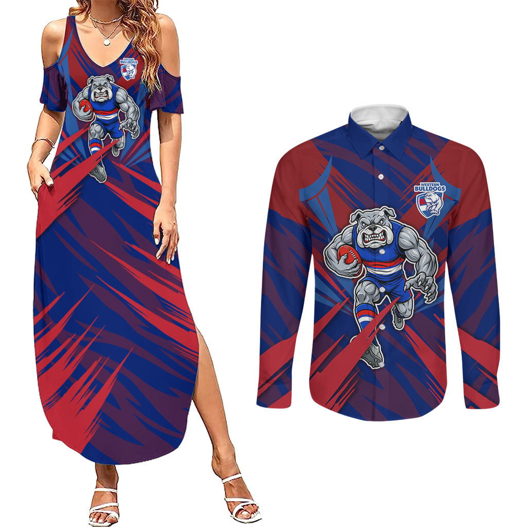 Western Bulldogs Australian Football Couples Matching Summer Maxi Dress and Long Sleeve Button Shirt Aggressive Bulldog Mascot - Bold Team Colors