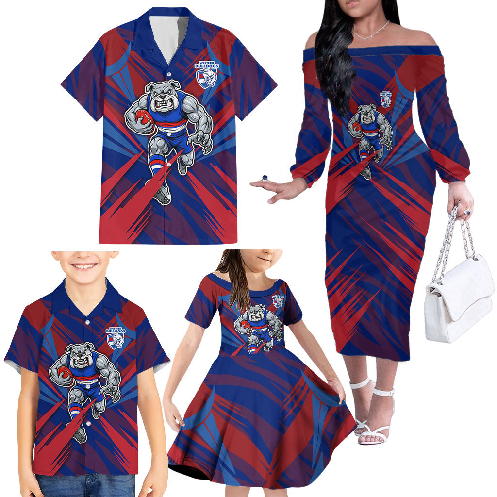 Western Bulldogs Australian Football Family Matching Off The Shoulder Long Sleeve Dress and Hawaiian Shirt Aggressive Bulldog Mascot - Bold Team Colors