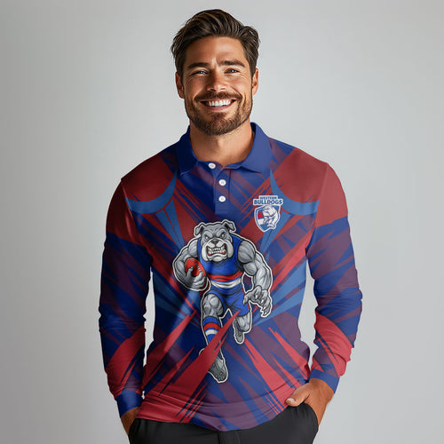 Western Bulldogs Australian Football Long Sleeve Polo Shirt Aggressive Bulldog Mascot - Bold Team Colors