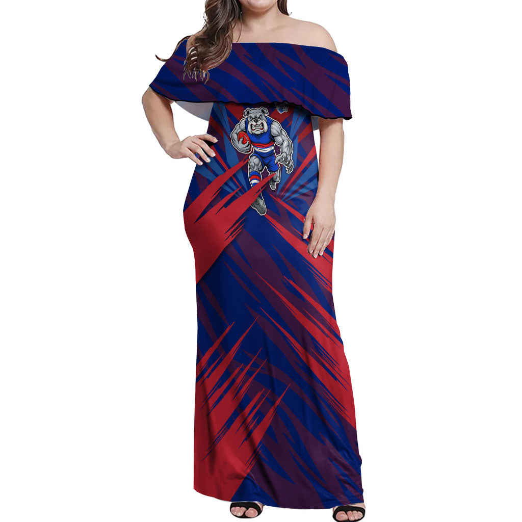 Western Bulldogs Australian Football Off Shoulder Maxi Dress Aggressive Bulldog Mascot - Bold Team Colors