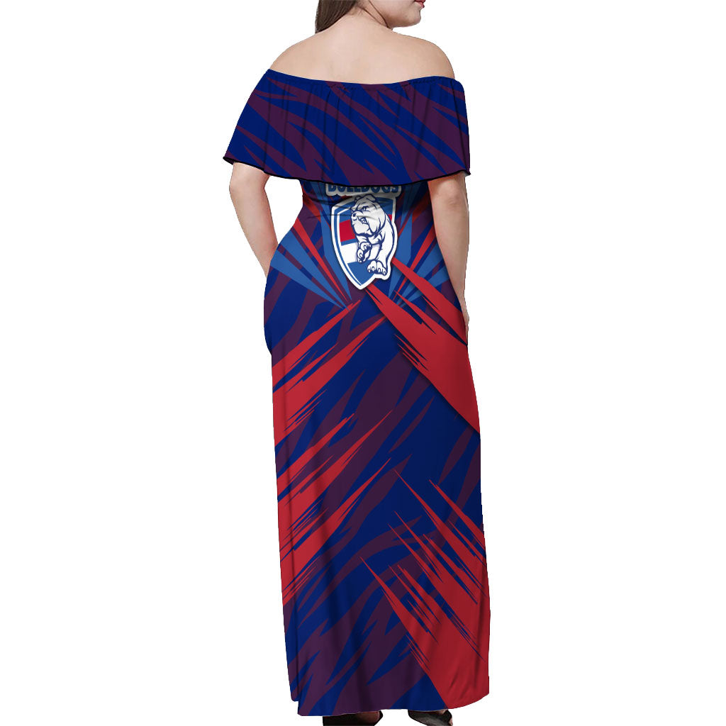 Western Bulldogs Australian Football Off Shoulder Maxi Dress Aggressive Bulldog Mascot - Bold Team Colors