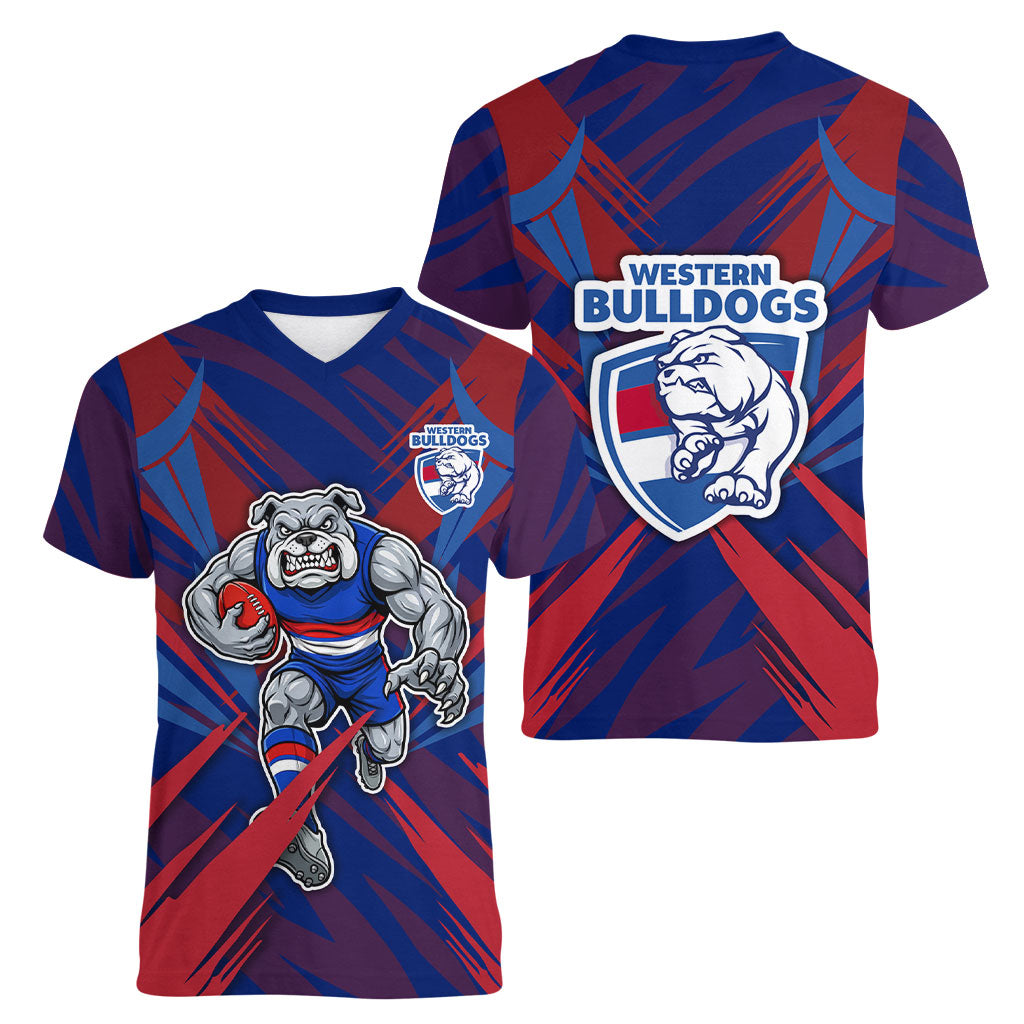 Western Bulldogs Australian Football Women V-Neck T-Shirt Aggressive Bulldog Mascot - Bold Team Colors