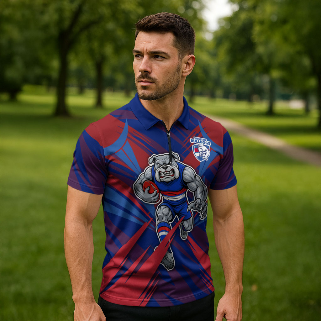 Western Bulldogs Australian Football Zipper Polo Shirt Aggressive Bulldog Mascot - Bold Team Colors