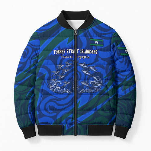 Torres Strait Islanders Forever Voyagers Bomber Puffer Jacket Indigenous Australian Tribal Canoe Art