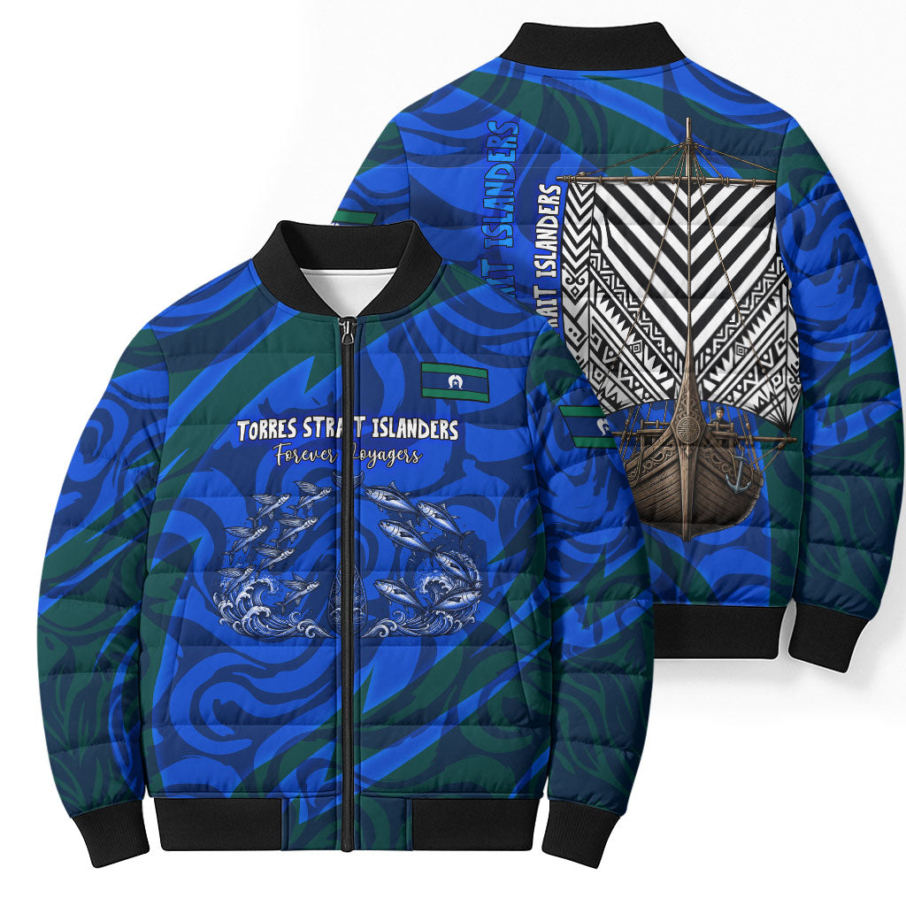 Torres Strait Islanders Forever Voyagers Bomber Puffer Jacket Indigenous Australian Tribal Canoe Art