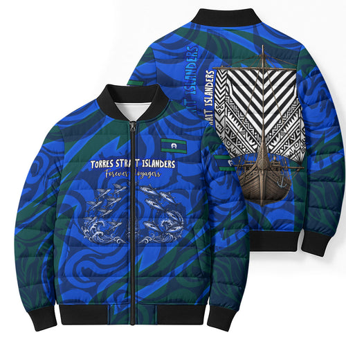 Torres Strait Islanders Forever Voyagers Bomber Puffer Jacket Indigenous Australian Tribal Canoe Art