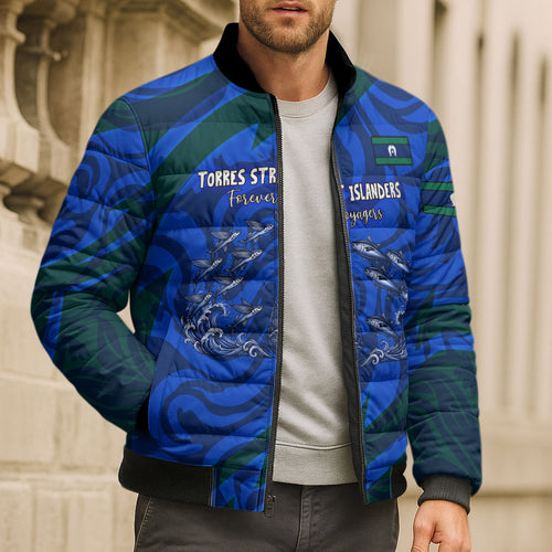 Torres Strait Islanders Forever Voyagers Bomber Puffer Jacket Indigenous Australian Tribal Canoe Art