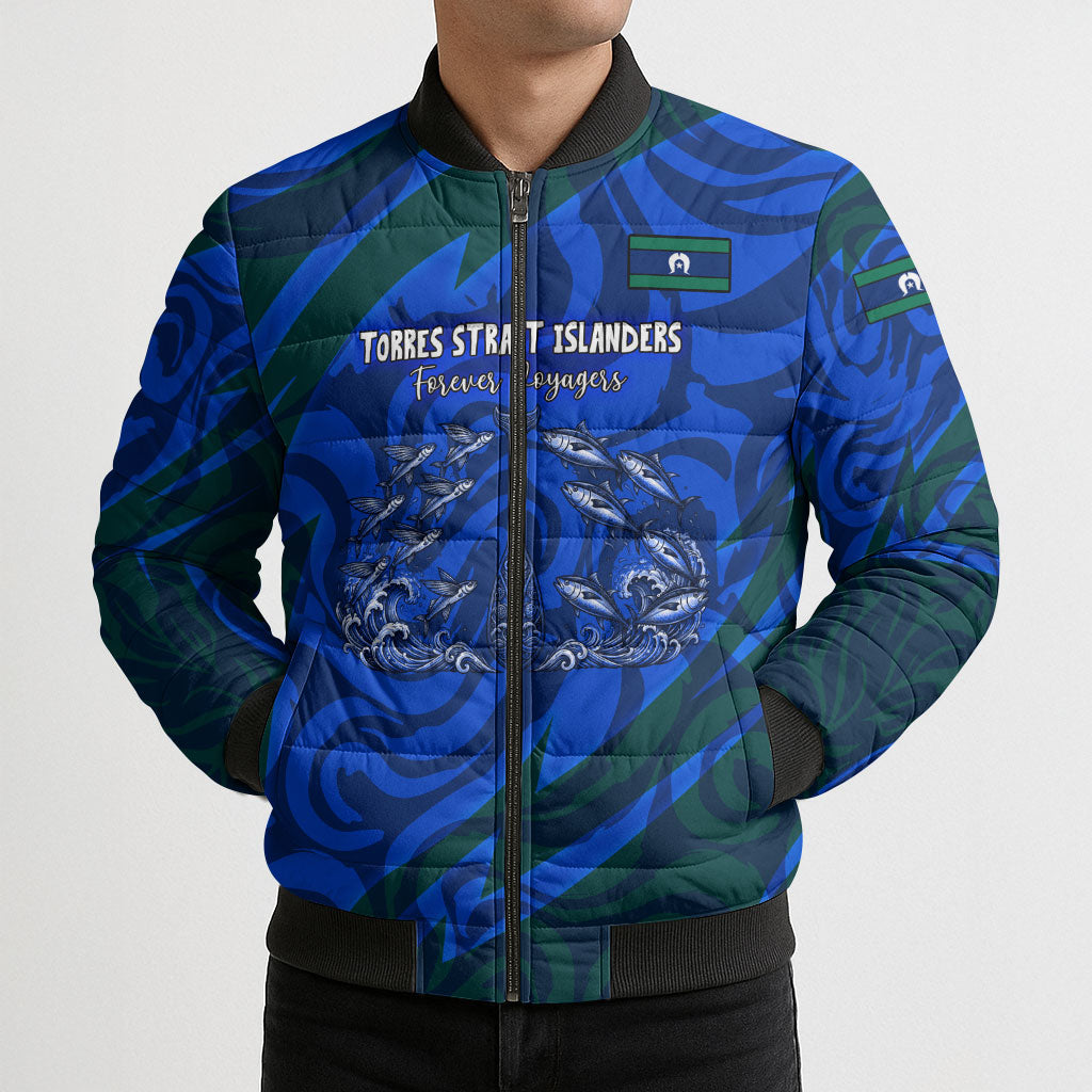 Torres Strait Islanders Forever Voyagers Bomber Puffer Jacket Indigenous Australian Tribal Canoe Art