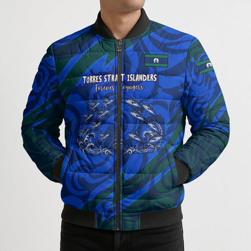 Torres Strait Islanders Forever Voyagers Bomber Puffer Jacket Indigenous Australian Tribal Canoe Art