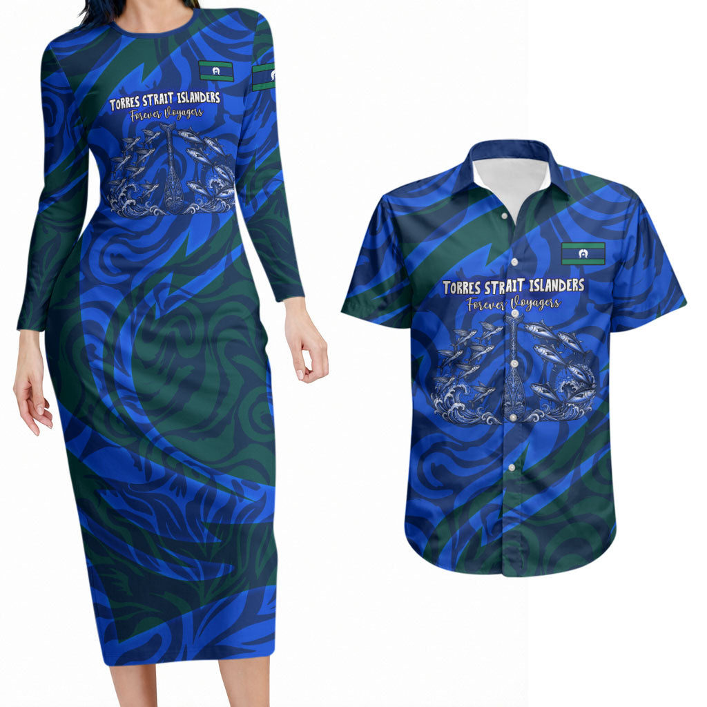 Torres Strait Islanders Forever Voyagers Couples Matching Long Sleeve Bodycon Dress and Hawaiian Shirt Indigenous Australian Tribal Canoe Art