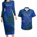 Torres Strait Islanders Forever Voyagers Couples Matching Long Sleeve Bodycon Dress and Hawaiian Shirt Indigenous Australian Tribal Canoe Art