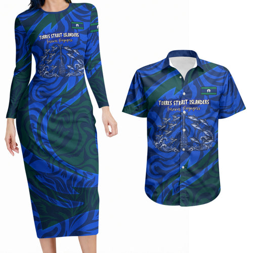 Torres Strait Islanders Forever Voyagers Couples Matching Long Sleeve Bodycon Dress and Hawaiian Shirt Indigenous Australian Tribal Canoe Art