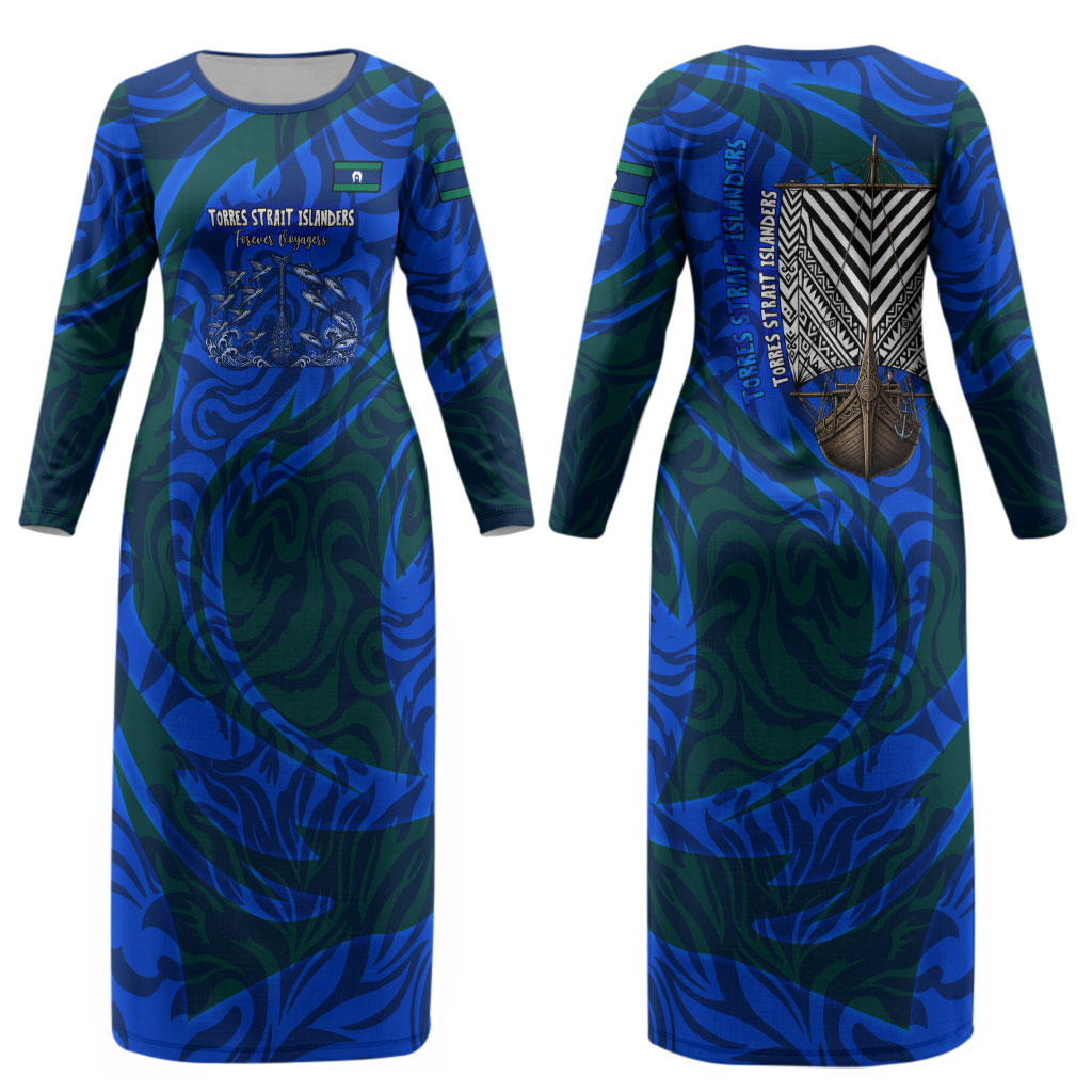 Torres Strait Islanders Forever Voyagers Couples Matching Long Sleeve Bodycon Dress and Hawaiian Shirt Indigenous Australian Tribal Canoe Art