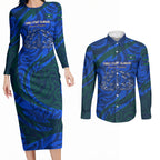 Torres Strait Islanders Forever Voyagers Couples Matching Long Sleeve Bodycon Dress and Long Sleeve Button Shirt Indigenous Australian Tribal Canoe Art