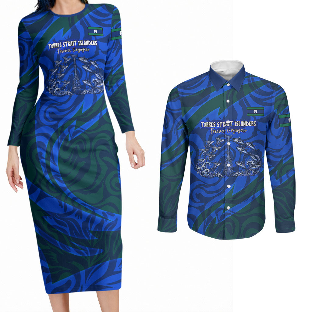 Torres Strait Islanders Forever Voyagers Couples Matching Long Sleeve Bodycon Dress and Long Sleeve Button Shirt Indigenous Australian Tribal Canoe Art