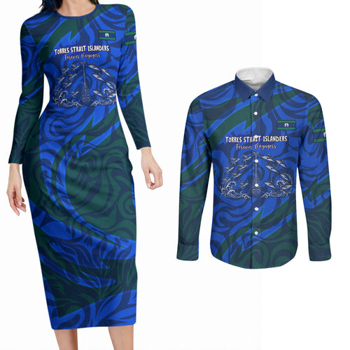 Torres Strait Islanders Forever Voyagers Couples Matching Long Sleeve Bodycon Dress and Long Sleeve Button Shirt Indigenous Australian Tribal Canoe Art