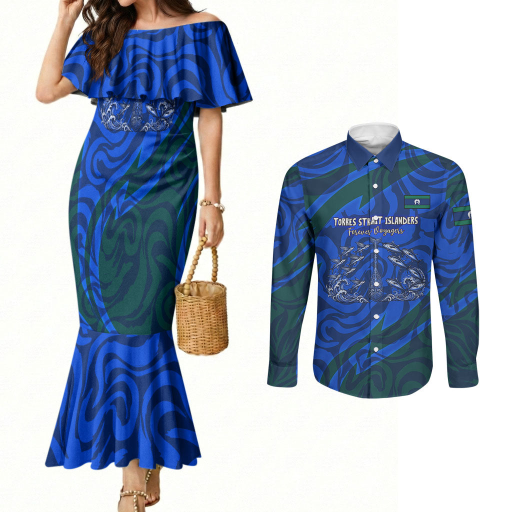 Torres Strait Islanders Forever Voyagers Couples Matching Mermaid Dress and Long Sleeve Button Shirt Indigenous Australian Tribal Canoe Art