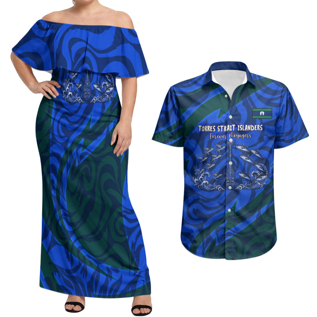 Torres Strait Islanders Forever Voyagers Couples Matching Off Shoulder Maxi Dress and Hawaiian Shirt Indigenous Australian Tribal Canoe Art