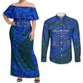 Torres Strait Islanders Forever Voyagers Couples Matching Off Shoulder Maxi Dress and Long Sleeve Button Shirt Indigenous Australian Tribal Canoe Art