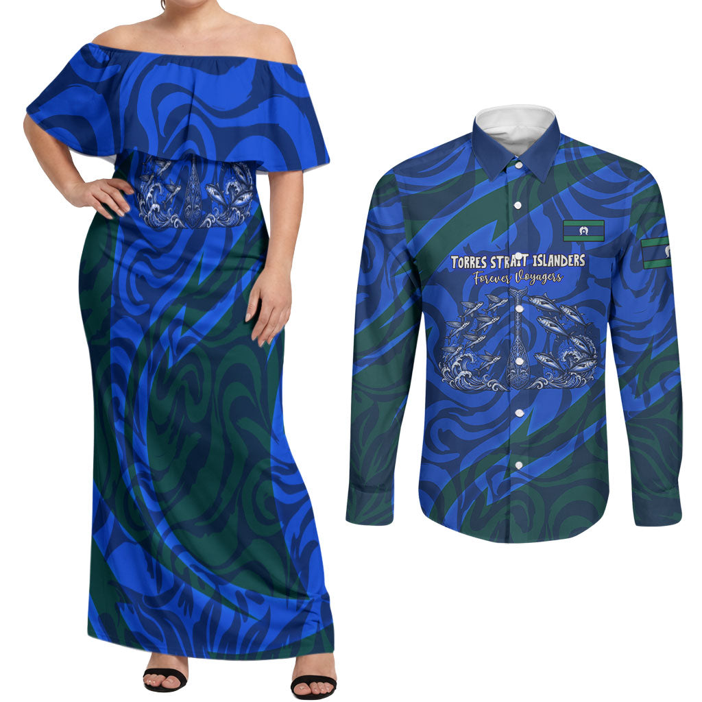 Torres Strait Islanders Forever Voyagers Couples Matching Off Shoulder Maxi Dress and Long Sleeve Button Shirt Indigenous Australian Tribal Canoe Art