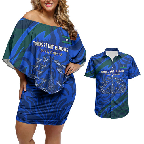 Torres Strait Islanders Forever Voyagers Couples Matching Off Shoulder Short Dress and Hawaiian Shirt Indigenous Australian Tribal Canoe Art