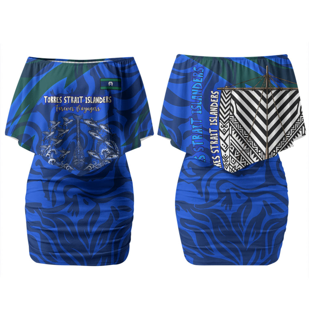 Torres Strait Islanders Forever Voyagers Couples Matching Off Shoulder Short Dress and Hawaiian Shirt Indigenous Australian Tribal Canoe Art